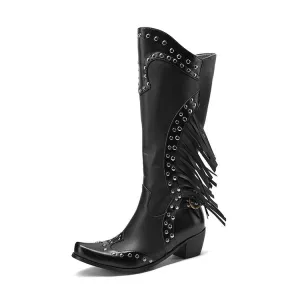 Women's Fringe Western Boot Chunky Stacked Heel Slip On Booties