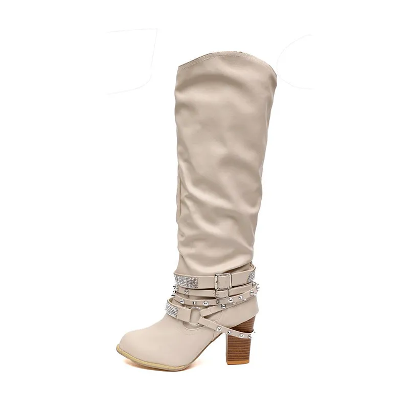 Women's Knee high slouch boots rhineston buckle strap wide calf boots