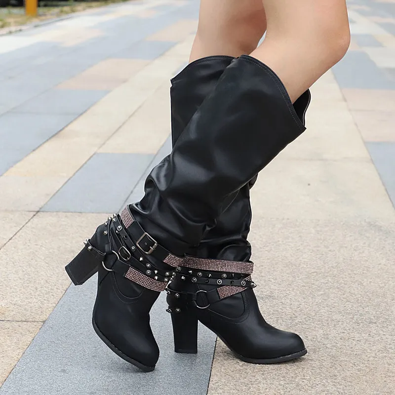Women's Knee high slouch boots rhineston buckle strap wide calf boots