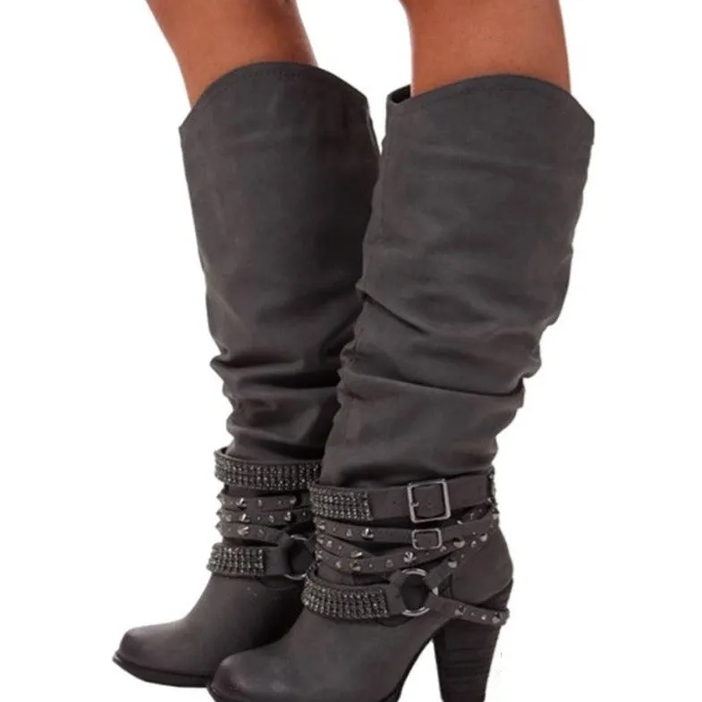 Women's Knee high slouch boots rhineston buckle strap wide calf boots