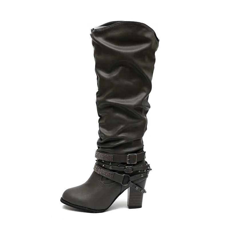 Women's Knee high slouch boots rhineston buckle strap wide calf boots