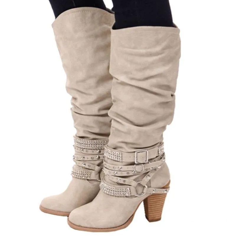 Women's Knee high slouch boots rhineston buckle strap wide calf boots
