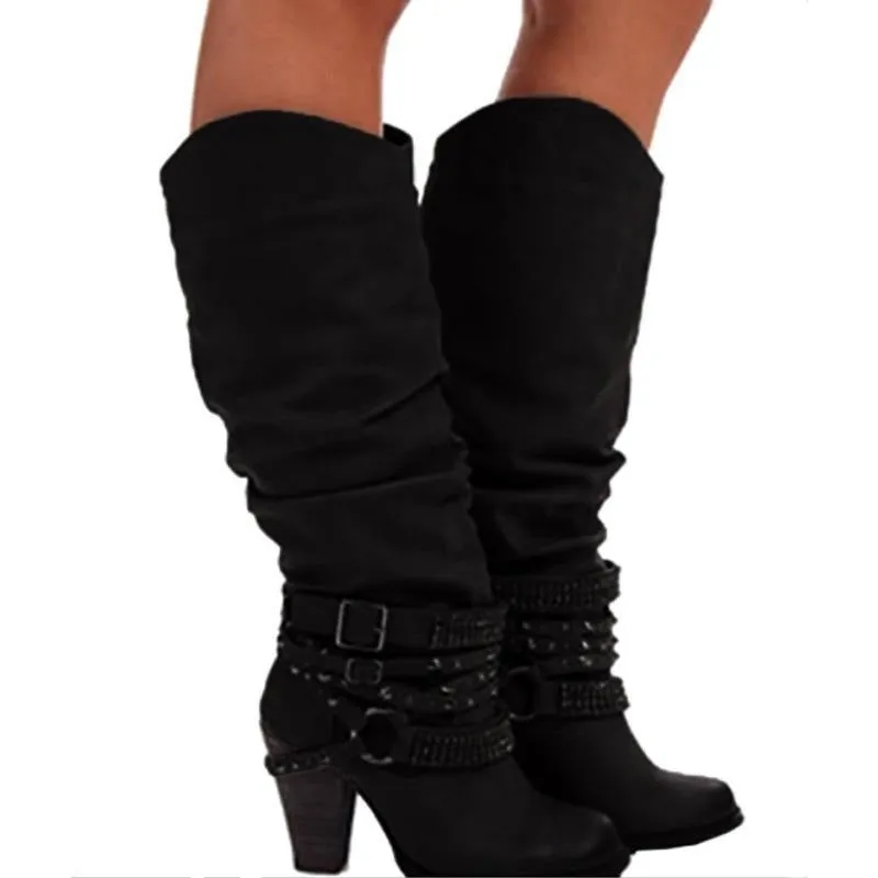 Women's Knee high slouch boots rhineston buckle strap wide calf boots