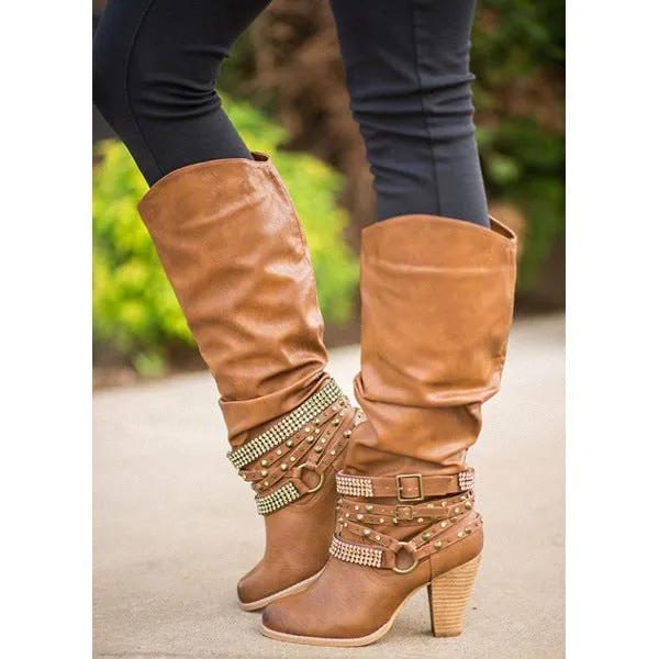 Women's Knee high slouch boots rhineston buckle strap wide calf boots