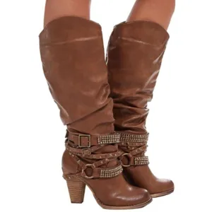 Women's Knee high slouch boots rhineston buckle strap wide calf boots