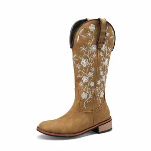 Women's Retro Western Cowboy Boots Embroidered Mid Calf Chunky Boots