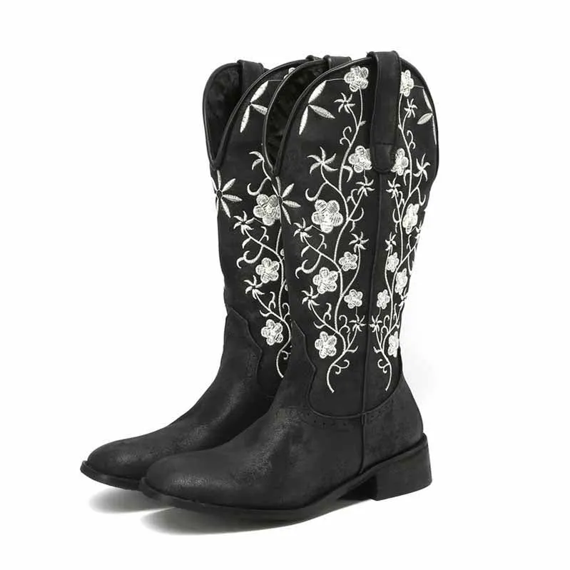 Women's Retro Western Cowboy Boots Embroidered Mid Calf Chunky Boots