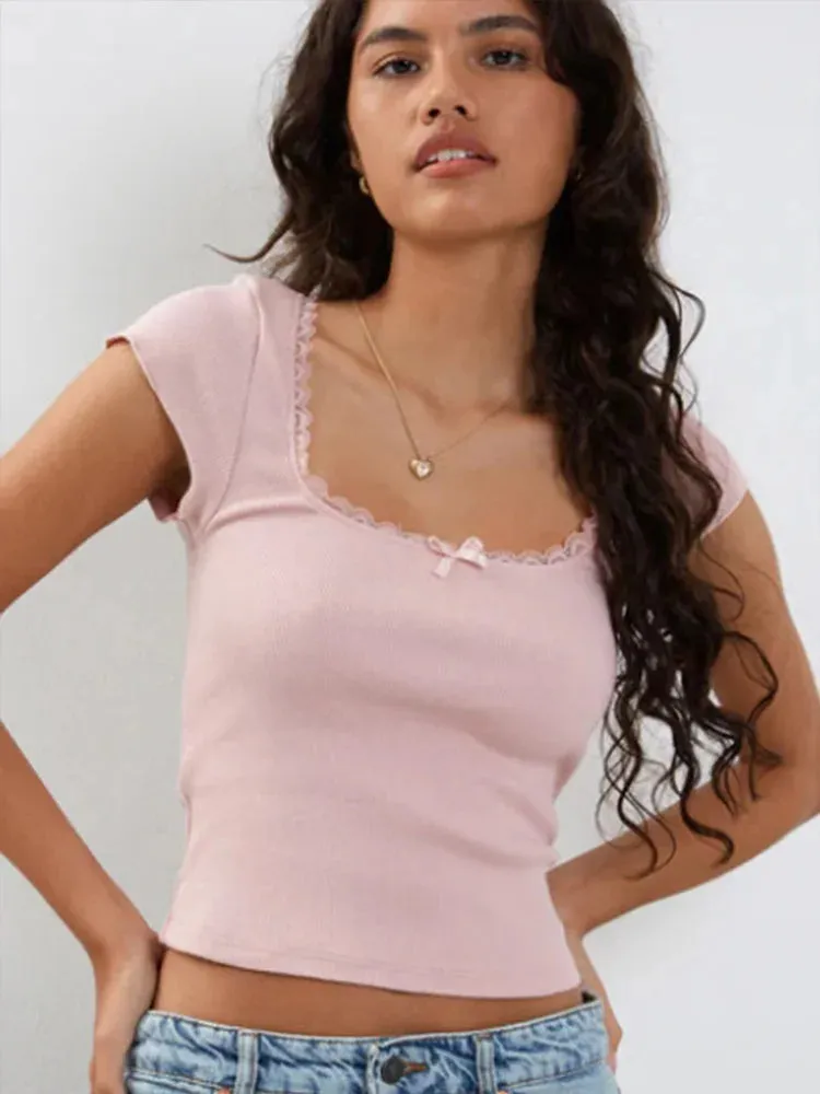 Y2K Vintage Baby Tee with Lace Trim - Summer Crop Top for Women