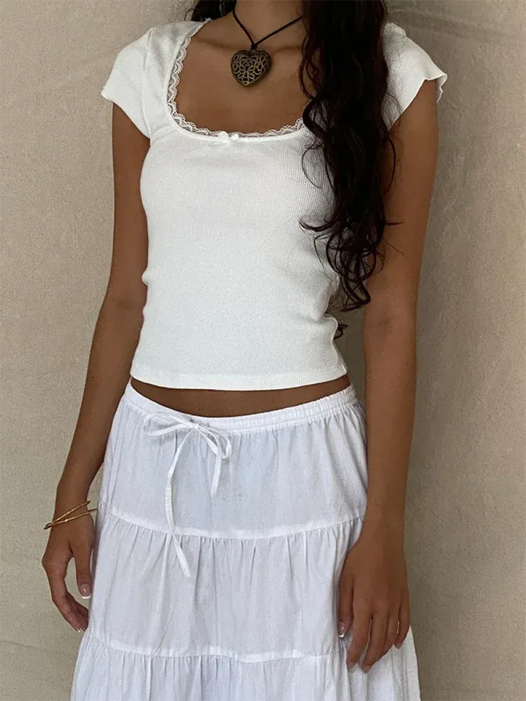 Y2K Vintage Baby Tee with Lace Trim - Summer Crop Top for Women