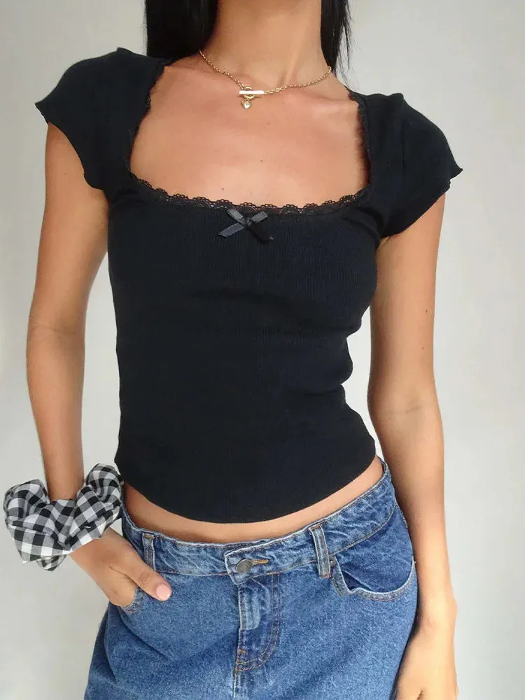 Y2K Vintage Baby Tee with Lace Trim - Summer Crop Top for Women