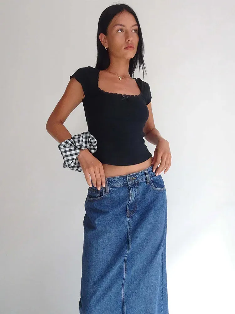 Y2K Vintage Baby Tee with Lace Trim - Summer Crop Top for Women