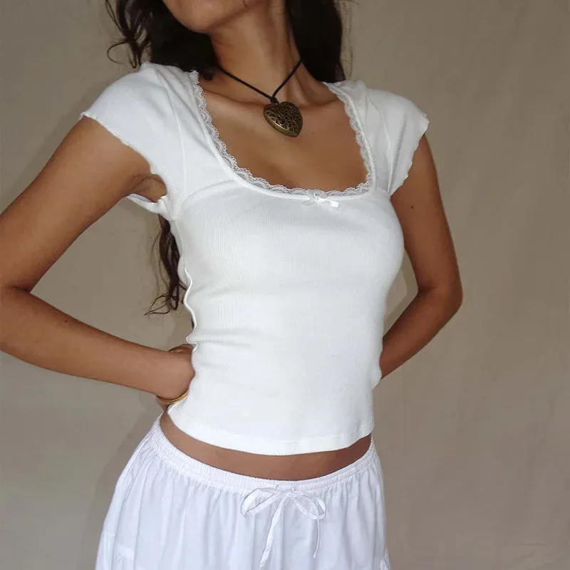 Y2K Vintage Baby Tee with Lace Trim - Summer Crop Top for Women